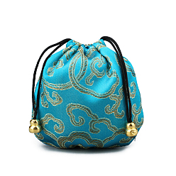 Dark Turquoise Chinese Style Silk Brocade Jewelry Packing Pouches, Drawstring Gift Bags, Auspicious Cloud Pattern, Dark Turquoise, 11x11cm
