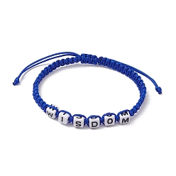 Blue Word Wisdom Acrylic Braided Bead Bracelets, Polyester Adjustable Bracelet, Blue, Inner Diameter: 2-1/4~3-3/8 inch(5.7~8.7cm)