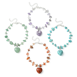 Mixed Stone 4Pcs 4 Style Natural Mixed Gemstone Heart Charm Bracelets Set with Chips Beaded Chains, Brass Stackable Bracelets, 9 inch(22.8cm), 1Pc/style