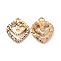 Light Gold Alloy Crystal Rhinestone Pendants, Double Heart Charm, Light Gold, 17.5x15x2.5mm, Hole: 2mm