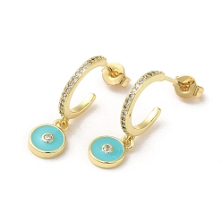 Dark Turquoise Ring & Evil Eye Real 18K Gold Plated Brass Stud Earrings, Half Hoop Earrings with Cubic Zirconia and Enamel, Dark Turquoise, 22.5x7mm