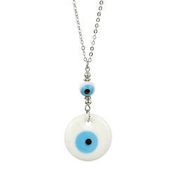 Platinum Lampwork Evil Eye Pendant Necklace, with Brass Cable Chains, Platinum, 15.55 inch(39.5cm)