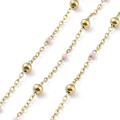 Pink Ion Plating(IP) 304 Stainless Steel Cable Chain, with Enamel, Soldered, Pink, Beads: 3.5~3.6x3.5mm, Link: 5x2x2mm and 2x1.5x0.3mm