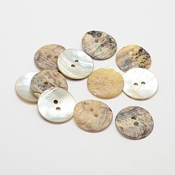 Camel 2-Hole Flat Round Mother of Pearl Buttons, Akoya Shell Button, Camel, 20x1~2mm, Hole: 2mm, about 1440pcs/bag
