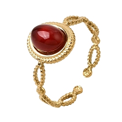Carnelian 304 Stainless Steel Cuff Open Rings for Women, Oval, with Natural Carnelian, Ion Plating(IP), Golden, 11.5mm, Inner Diameter: 17mm