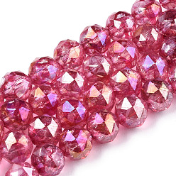 Cerise Transparent Electroplate Glass Beads Strands, AB Color Plated, Faceted, Round, Cerise, 8x7.5mm, Hole: 1.8mm, about 50pcs/strand, 14.96''(38cm)