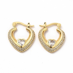 Golden Clear Cubic Zirconia Heart Hoop Earrings with Glass, Brass Jewelry for Women, Golden, 22.5x19.5x4mm, Pin: 1x0.6mm