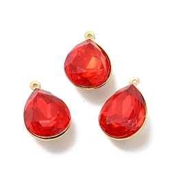 Red Real 18K Gold Plated Brass with Glass Pendants, Faceted Teardrop Charms, Lead Free & Cadmium Free, Red, 22x13x9mm, Hole: 1mm