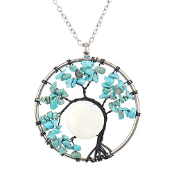 Synthetic Turquoise Synthetic Turquoise Chips Tree of Life Pendant Necklaces, Brass Wire Wrap Necklace with Alloy Chains, 20.47 inch(52cm)