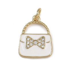 Белый Латунь эмаль подвески, сумочка с bowknot, с кубического циркония, реальный 18 k позолоченный, стойки покрытие, долговечный, без кадмия и без свинца, с целью перехода в кольце, белые, 16x12x2 мм, отверстие : 3 мм