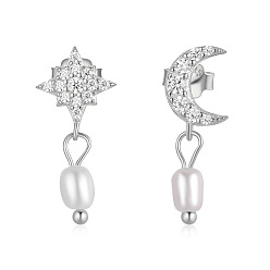 platinum color Chic Sterling Silver Earrings with Diamonds and Pearls - Star & Moon Dangle Drop Ear Studs