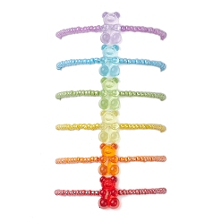 Mixed Color 6 PCS Rainbow Style Bear Shape Acrylic Beaded Bracelets Set for Children, with Glass Seed Beads, Mixed Color, 1/8 inch(0.3~0.35cm), Inner Diameter: 1-3/4 inch(4.6cm), 6pcs/set
