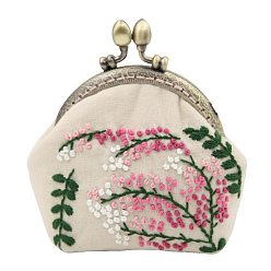 Antique White DIY Plants Pattern Kiss Lock Coin Purse Embroidery Kit, Including Embroidered Fabric, Embroidery Needles & Thread, Metal Purse Handle, Plastic Embroidery Hoop, Antique White, 85mm