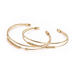 Golden Long-Lasting Plated Brass Cuff Bangles, Multi-Strand Bangles, with Round Beads, Golden, 2-1/8 inch(5.45cm)