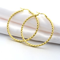 Golden 304 Stainless Steel Hoop Earring, Hypoallergenic Earrings, Twisted Ring Shape, Golden, 10 Gauge, 46x2.5x44mm, Pin: 1x0.6mm