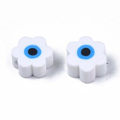 White Handmade Polymer Clay Beads, Flower with Evil Eye, White, 9x9x4.5mm, Hole: 1.8mm