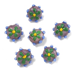 Розово-Коричневый Ручной работы ухабистым Шарики Lampwork, RONDELLE с цветочным узором, розово-коричневый, 15.5x17.5x13 мм, отверстие : 1.6 мм