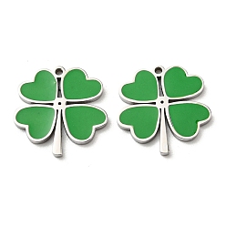Green 304 Stainless Steel Enamel Charms, Clover Charms, Stainless Steel Color, Green, 14.5x15x1.5mm, Hole: 1mm