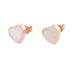 Розовое Золото 6 сочетается с серьгами-гвоздиками в виде сердечек из натуральной белой ракушки, 304 женские украшения из нержавеющей стали, розовое золото , 9x10 мм, штифты : 0.7 мм