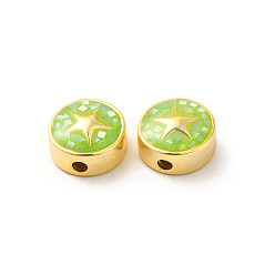 Желто-Зеленый Стойки покрытие латунь эмаль бисер, с чипсами, долговечный, без кадмия и без свинца, плоские круглые со звездой, золотые, желто-зеленый, 11x4.5 мм, отверстие : 1.8 мм