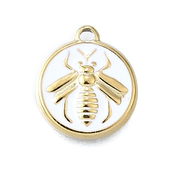 Белый 304 прелести нержавеющей стали, настоящее 14k позолоченное плоское круглое с пчелой, с эмалью, ионное покрытие (ip), белые, 14.5x12.5x2 мм, отверстие : 1.4 мм