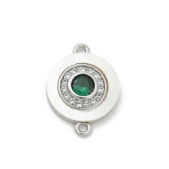 Плоский Круглый Подвески-коннекторы из латуни с микропаве из прозрачного кубического циркония и ракушки, с зеленым стеклом, платина, плоско-круглые, 16.5x12x2.5 мм, отверстие : 1.2 мм