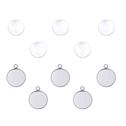 Stainless Steel Color DIY Pendants Making, with 304 Stainless Steel Pendant and Clear Half Round Glass Cabochons, Flat Round, Stainless Steel Color, Cabochons: 20x10mm, Settings: 26.5x22x2mm, 2pcs/set