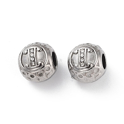 Letter I 304 Stainless Steel Rhinestone European Beads, Round Large Hole Beads, Real 18K Gold Plated, Round with Letter, Letter I, 11x10mm, Hole: 4mm