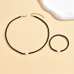 Black Glass Beaded Jewelry Set, Natural Shell Cross Pendant Necklace & Link Bracelet, Black, 16-1/8 inch(41cm); Inner Diameter: 2-3/8~3-1/8 inch(6~8cm)