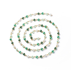 Зеленый Круглые цепочки из бисера ручной работы из стеклянного жемчуга, с латунными ушками, несварные, зелёные, 13x6 мм, около 3.28 футов (1 м) / коробка