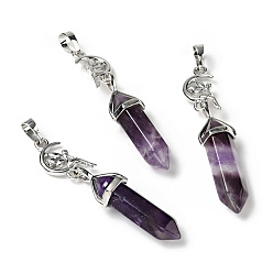 Amethyst Natural Amethyst Double Terminated Pointed Big Pendants, with Platinum Tone Brass Findings, Cadmium Free & Lead Free, Moon with Fairy & Bullet, Faceted, 62~66mm