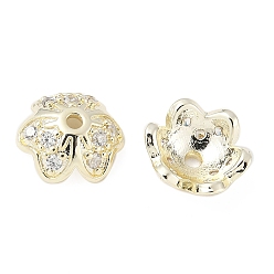 Настоящее золото 14K Колпачки для бусин из прозрачного кубического циркония из латуни, 3-лепестков цветка, реальный 14 k позолоченный, 9.5x10.5x4 мм, отверстие : 1.5 мм