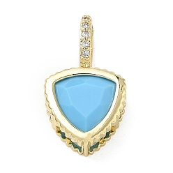 Sky Blue Brass Pave Cubic Zirconia Pendants, Triangle Charms, Long-Lasting Plated, Rack Plating, Lead Free & Cadmium Free, Real 18K Gold Plated, Sky Blue, 21x12x6mm, Hole: 7x5mm