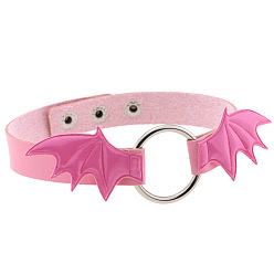 Pink Unique Punk Bat Wing Leather Collar Necklace with Circular O-Ring and Lock Chain for Statement Style