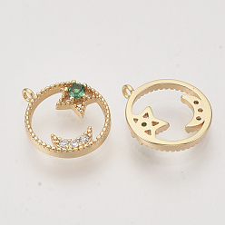 Green Brass Micro Pave Cubic Zirconia Charms, Real 18K Gold Plated, Flat Round with Star and Moon, Nickel Free, Green, 13.5x11.5x3mm, Hole: 0.9mm