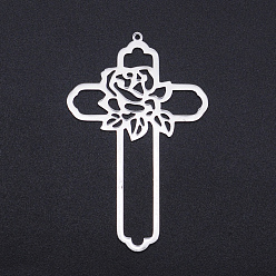 Stainless Steel Color 201 Stainless Steel Big Pendants, Filigree Joiners Findings, Laser Cut, Cross with Flower, Stainless Steel Color, 62.5x39.5x1mm, Hole: 1.5mm