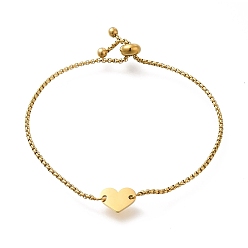Golden 304 Stainless Steel Box Chain Slider Bracelets, Heart Blank Link Bracelets for Women, Golden, 9-3/4 inch(24.6cm)