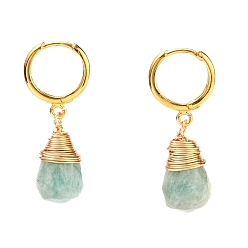 Amazonite Brass Huggie Hoop Earrings, with Wire Wrapped Faceted Natural Amazonite Pendants, Teardrop, Golden, 33.5~34mm, Pin: 1mm