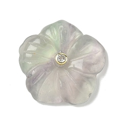 Флюорит Подвески с резьбой из натурального флюорита, подвески-цветы с латунной бабочкой из прозрачного кубического циркония, реальный 18 k позолоченный, долговечный, стойки покрытие, 30x30.5x6 мм, отверстие : 1.4 мм