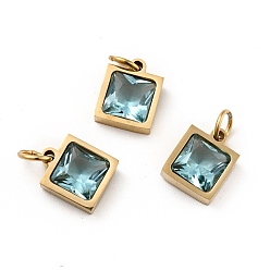 Pale Turquoise Vacuum Plating 304 Stainless Steel Pendants, with Cubic Zirconia and Jump Rings, Single Stone Charms, Square, Golden, Pale Turquoise, 9.5x8x3.5mm, Hole: 3.4mm