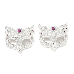Серебро Подвески-коннекторы в виде маски лисы из латуни с микропаве из ярко-розового кубического циркония, серебряные, 17.5x18x5.5 мм, отверстие : 1.2 мм