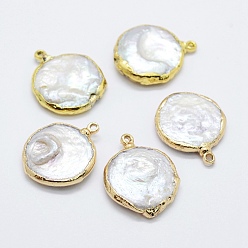 Golden Natural Cultured Freshwater Pearl Pendants, with Brass Findings, Flat Round, Golden, 20~26x16~20x4~6mm, Hole: 1mm