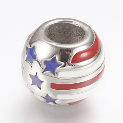 Stainless Steel Color 316 Surgical Stainless Steel Enamel European Beads, Large Hole Beads, Round with American Flag, Stainless Steel Color, 12x11mm, Hole: 5.5mm
