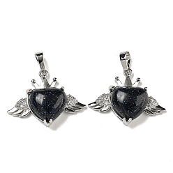 Синий Драгоценный Камень Синтетический синий золотой камень с подвесками из прозрачного кубического циркония, Подвески в форме сердца и крыльев с фурнитурой из латуни с металлическим покрытием, платина, без кадмия и без свинца, 25x31.5x8.5~9 мм, отверстие : 7.9x5 мм