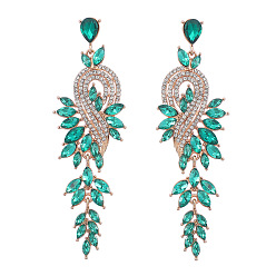 Blue Zircon Sparkling Rhinestone Leafy Branch Dangle Stud Earrings, Golden Alloy Long Drop Earrings for Women, Blue Zircon, 95x30mm