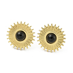 (946F)Морозный цвет внутри  Жонкиль / Непрозрачная зеленая подкладка Серьги-гвоздики из настоящей 18к-позолоченной 304 нержавеющей стали, круглой формы и плоской формы, с натуральным черным агатом, ионное покрытие (ip), 15 мм