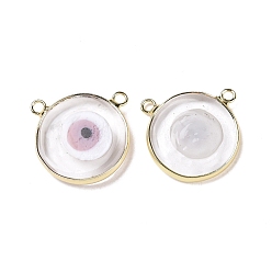 Pink Handmade Lampwork Pendants, with Golden Plated Brass Findings, Cadmium Free & Lead Free, Flat Round with Evil Eye, Pink, 21x21x4.5mm, Hole: 1.5mm