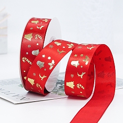 Red 22M Flat Christmas Bell Printed Polyester Satin Ribbons, Hot Stamping Ribbons, Red, 1 inch(25mm), about 24.06 Yards(22m)/Roll
