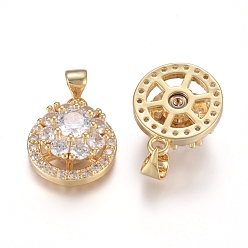 Clear Brass Micro Pave Cubic Zirconia Pendants, Long-Lasting Plated, Flat Round with Flower, Flower Able Rotate, Golden, Clear, 17.5x14.5x8mm, Hole: 4x3.5mm
