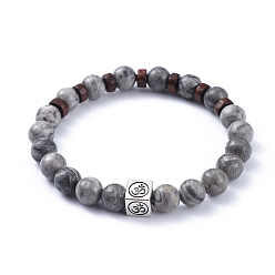 Picasso Jasper Natural Picasso Jasper Stretch Bracelets, with Wood Beads and Tibetan Style Alloy Beads, Cube with Om Symbol, 2-3/8 inch(5.9cm)